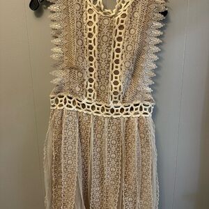 Free People Open Back Lace Dress in Cream and Tan
